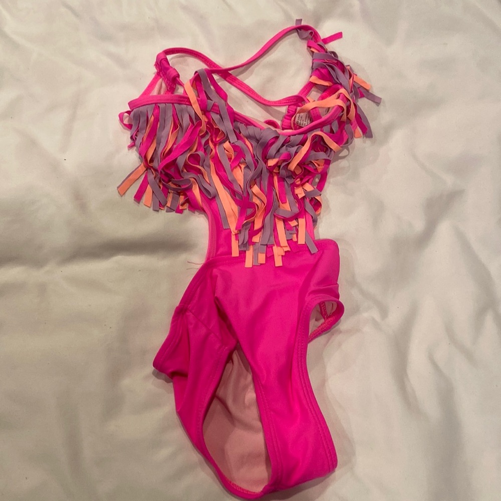 Hot pink one piece with cut outs on the sides